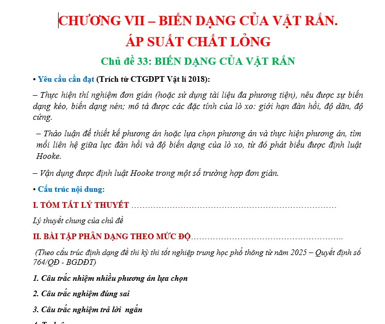 CHƯƠNG 7 - BIẾN DẠNG CỦA VẬT RẮN. ÁP SUẤT CHẤT LỎNG